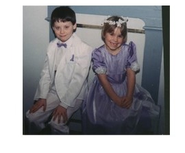 Boys suit, bowtie  matches flower girls dress
